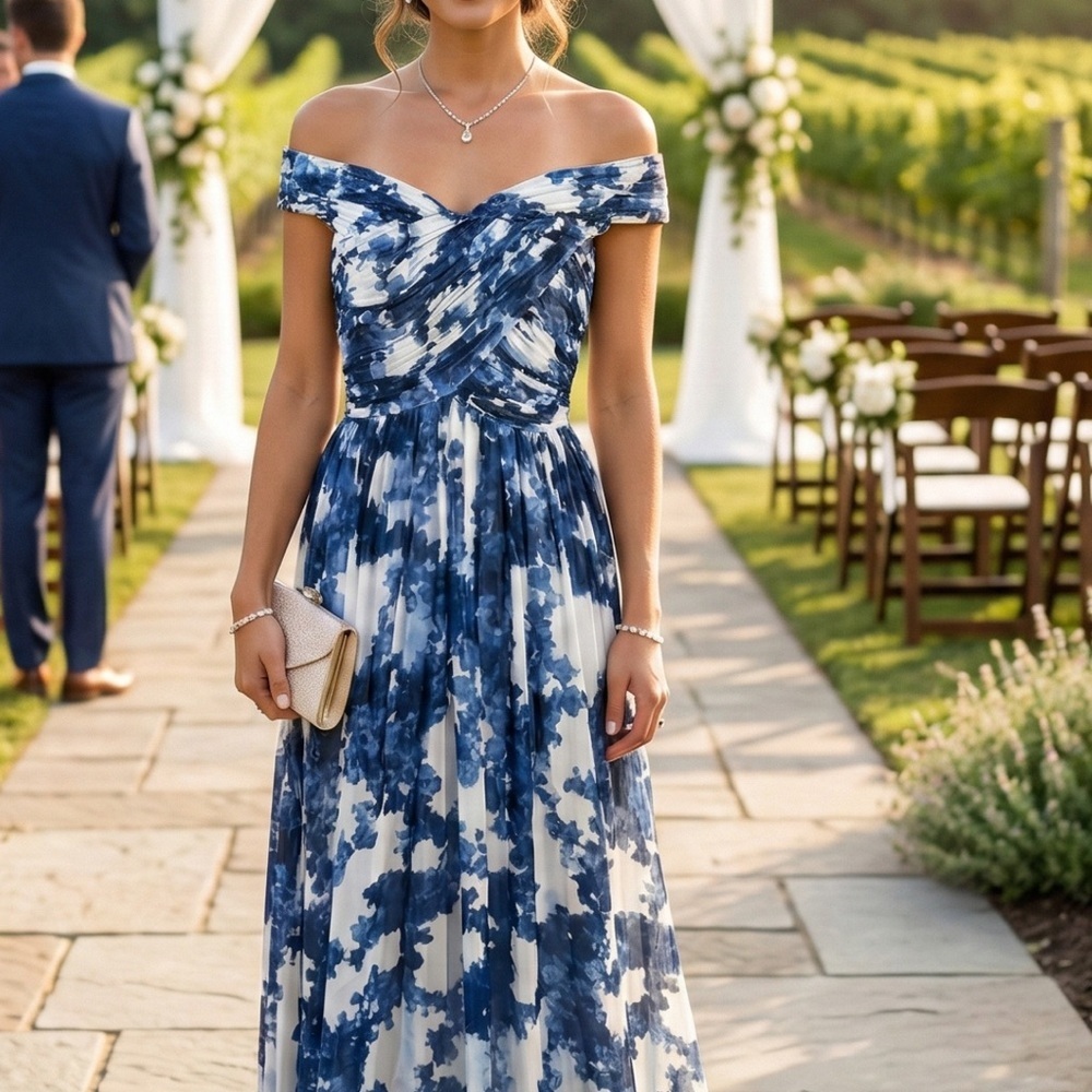 Shoshanna Absolutely Gorgeous Blue and White  Off-Shoulder Maxi Gown